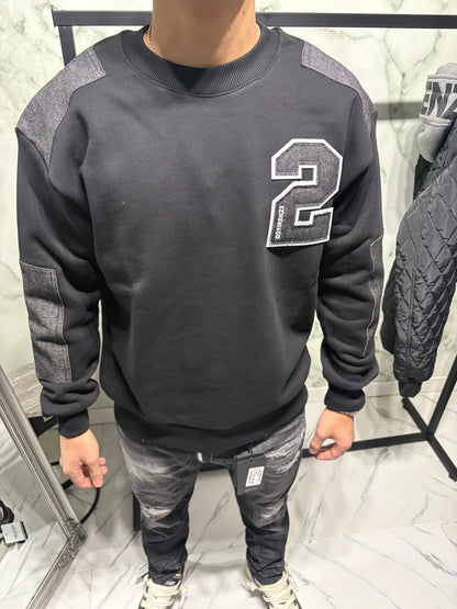 Felpa G2 Firenze College Patch con logo "2" ricamato, stile urban varsity, cotone e denim grigio, perfetta per streetwear moderno.