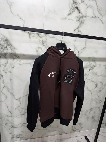 Felpa G2 Firenze “Double Chocolate” bicolore marrone e nero con dettagli ricamati, logo G2 FIRENZE ITALY e numero 78 sulla manica